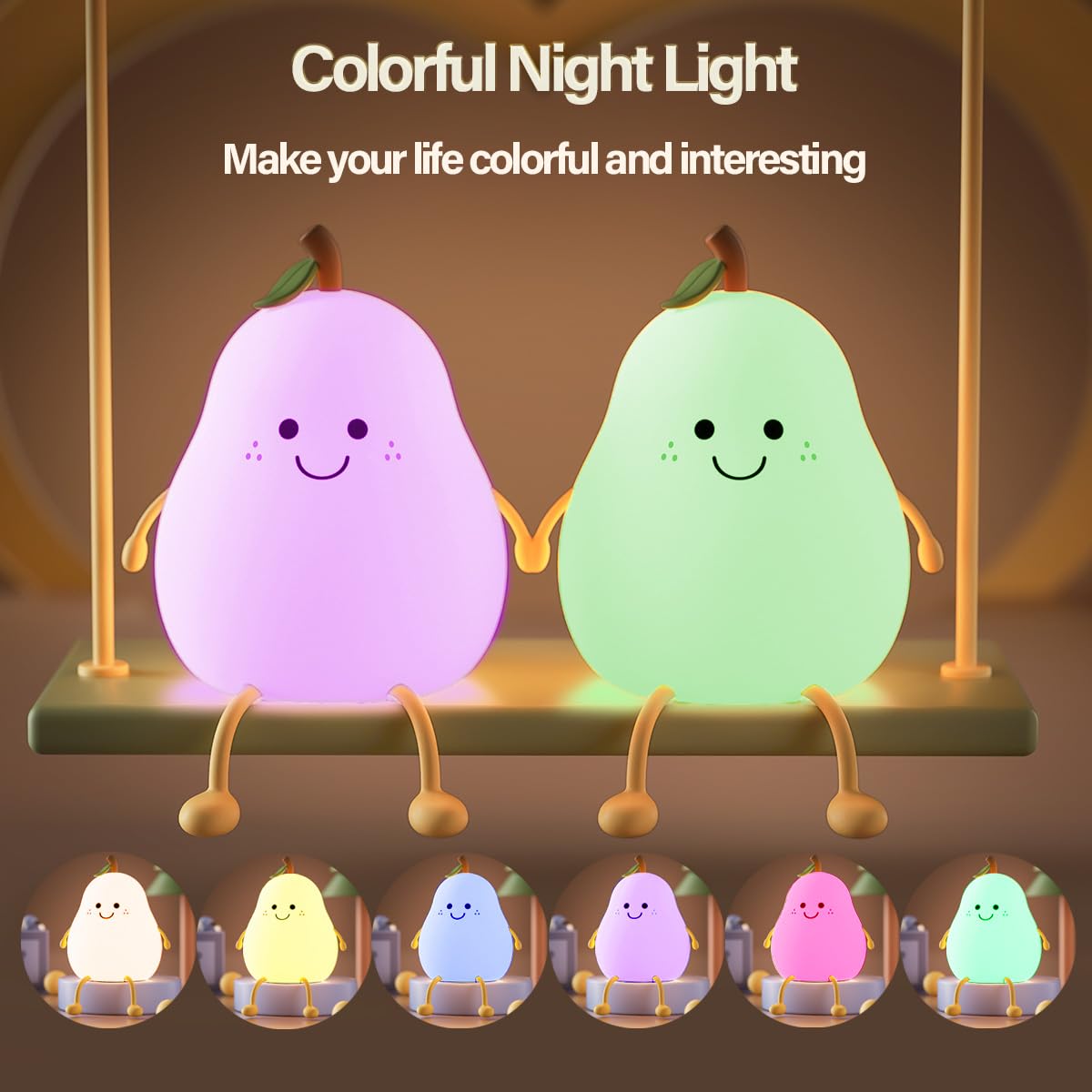 Myratts Led Cute Pear Night Light, Dimmable Nursery Lamps, Super Squishy Silicone USB Rechargeable Touch Control 7 Colors Night