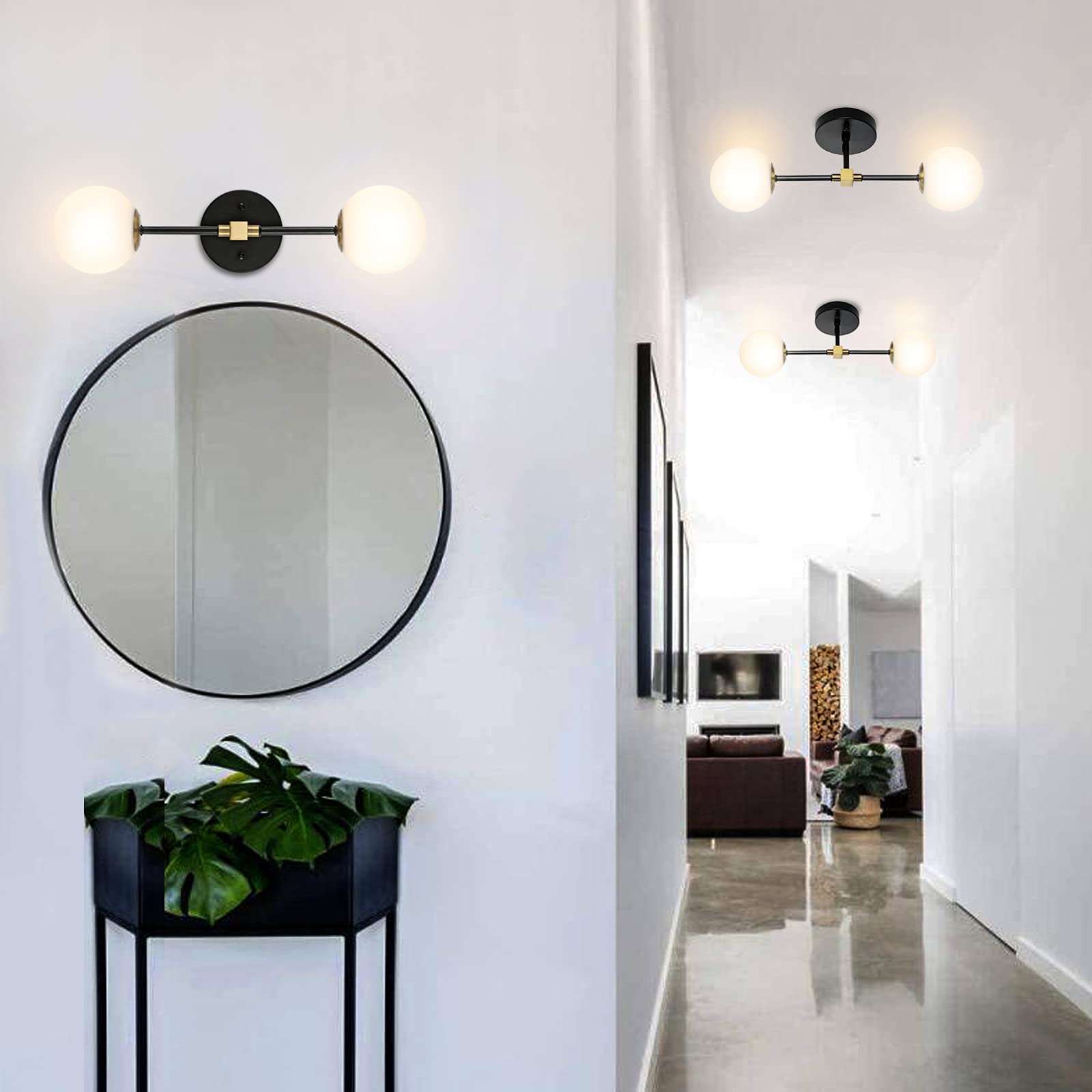 Baoden Modern Wall Sconce 2-Lights Industrial Mid Century Bathroom Vanity Wall Light With White Globe Glass Shade Gold & Black F