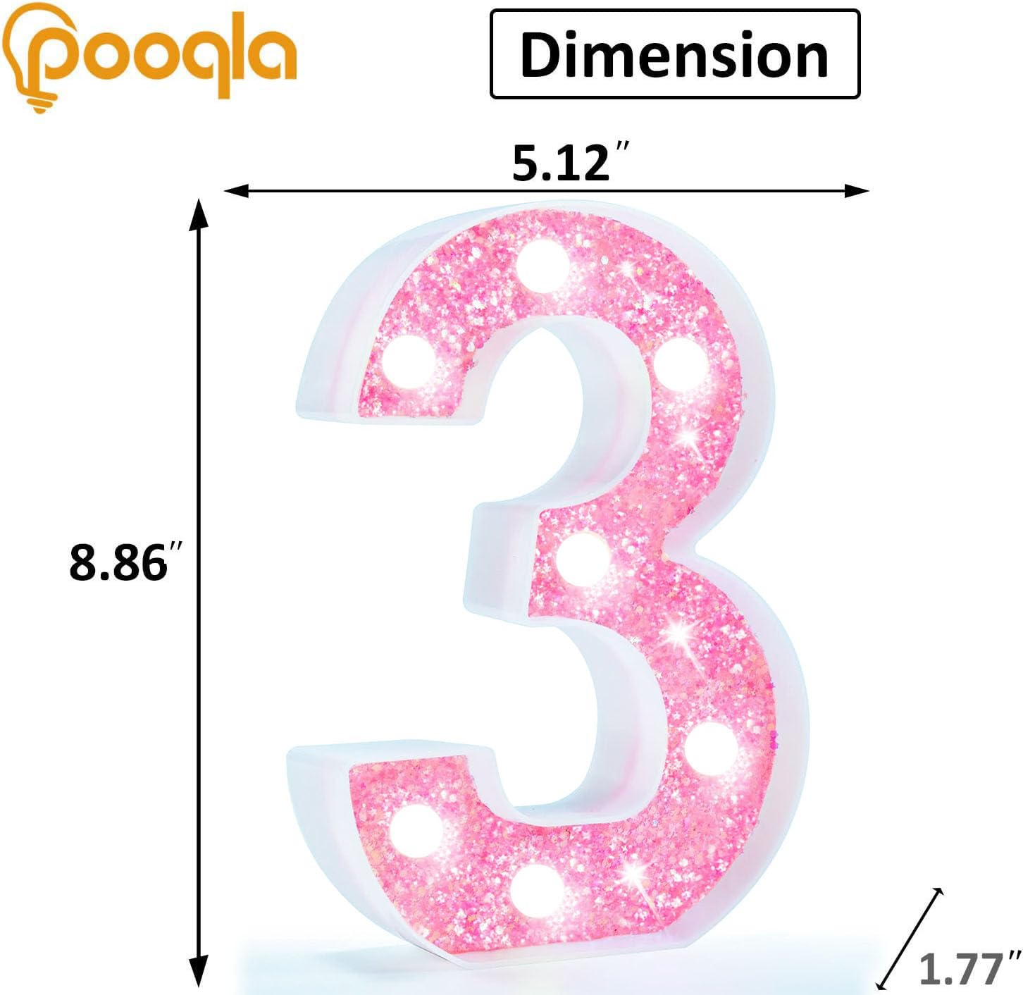 Pooqla Marquee Number Light - Pink LED Number 3 for Girls' Birthday, Battery Powered, Cool White, Perfect for Parties and Decorations