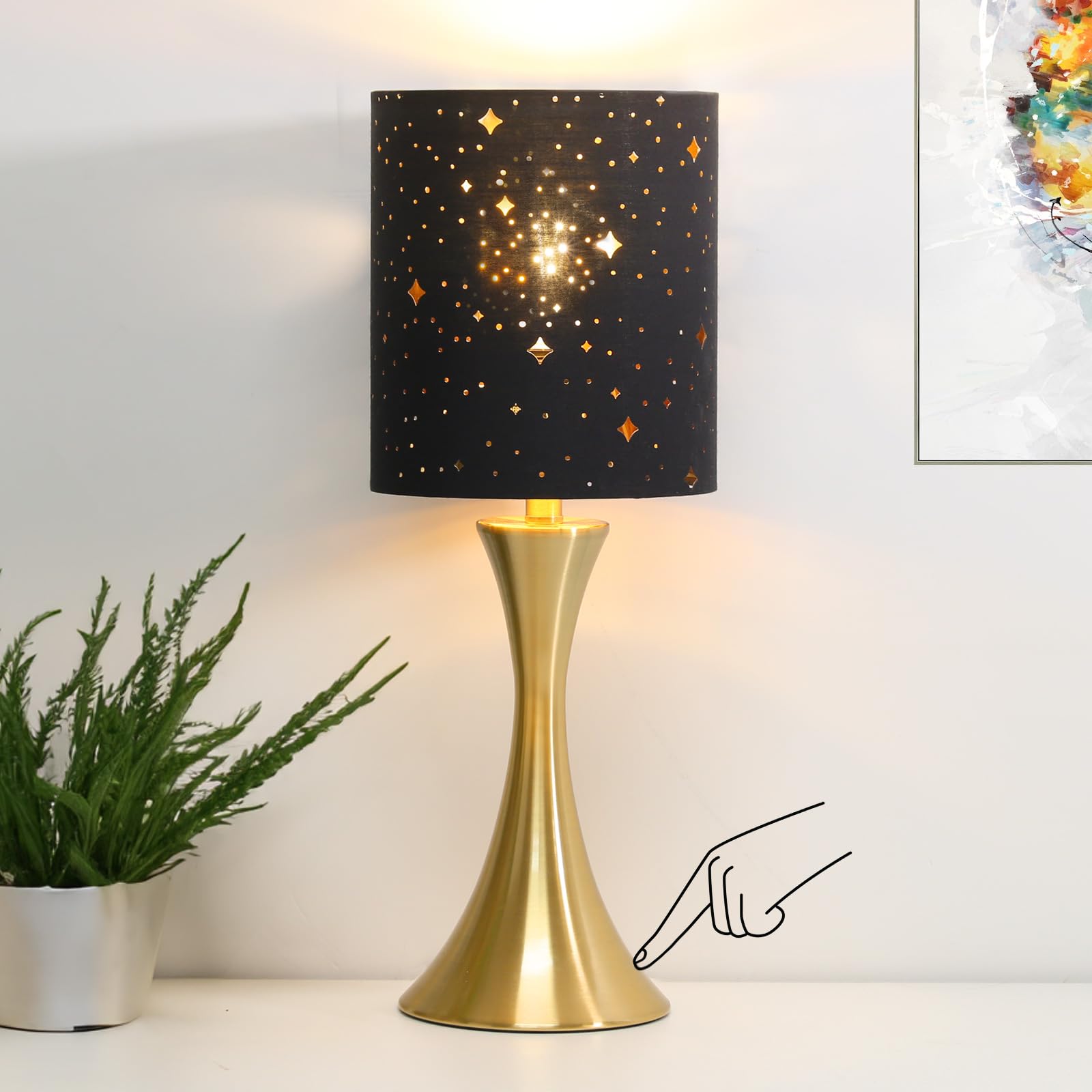 Touch Lamp for Bedroom, 3 Way Dimmable Gold Table Lamp with Black Starry Shade, Decorative Nightstand Lamp Ambient Beside Light 