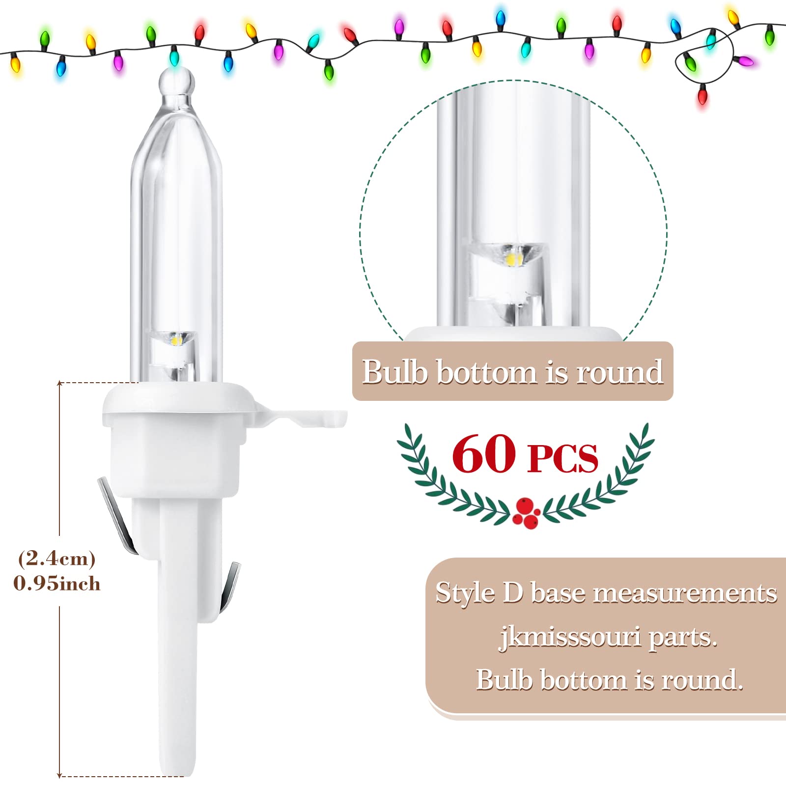 Honoson 60 LED Replacement Christmas Bulbs, Waterproof Indoor/Outdoor Lights, White Base with Warm Bulb