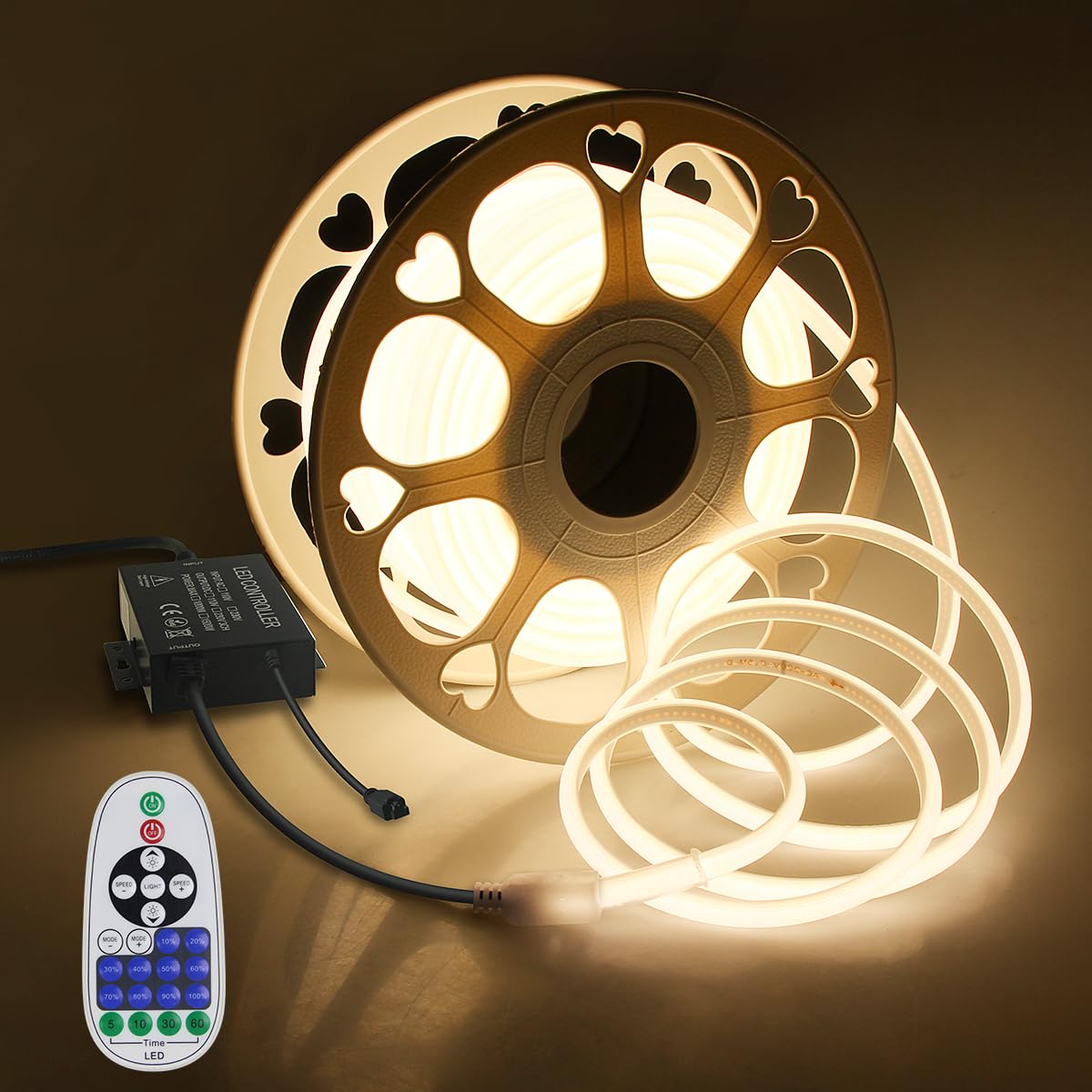 Aclorol 100FT Outdoor COB LED Strip Lights Waterproof Warm White 1 Roll AC 110V-120V Flexible Dimmable LED Lights Strip with Rem