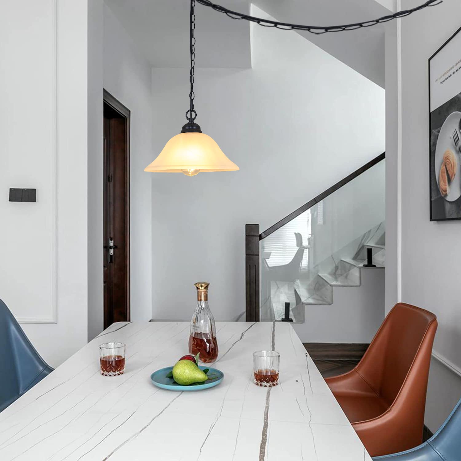 Shengqingtop Plug In Pendant Light Alabaster Glass Shade 15.7'' D Hanging Lamp With On/Off Switch,16.4Ft Cord & 14.7Ft Chain Dim