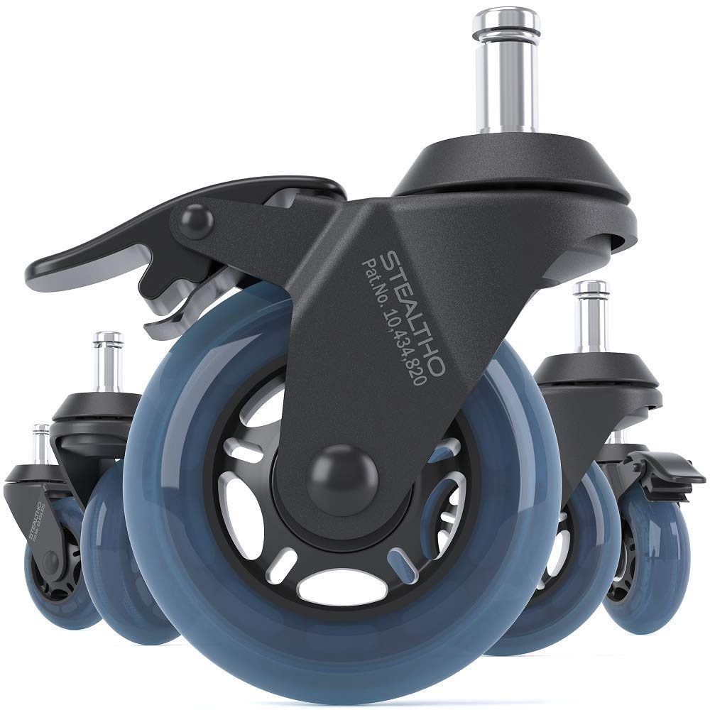 STEALTHO Patented Replacement Office Chair Caster Wheels Set of 5 - with 2 Brakes - Protect Your Floor - No More Chair Mat Needed - Blue Polyurethane - Quiet Rolling Over Cables - Standard Stem 7/16-New
