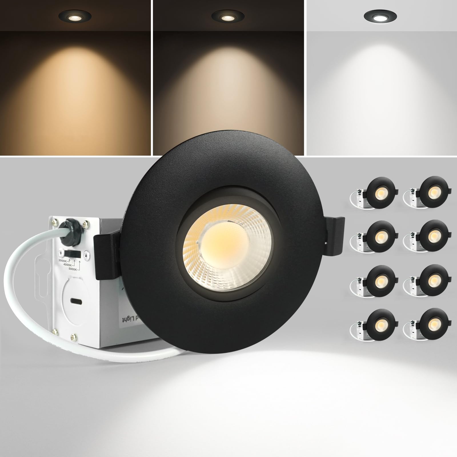 Sublimation Black 8 Packs 3 Inch 3Cct Gimbal Led Recessed Light With Junction Box 10W,Waterproof Recessed Lights For Shower,Black Recessed Lights,3 Colors Adjustable