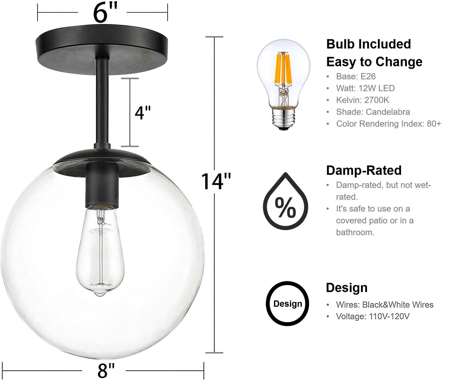 Koko&Yukina Clear Glass Globe Semi Flush Mount Ceiling Light, Matte Black, 8 Inch