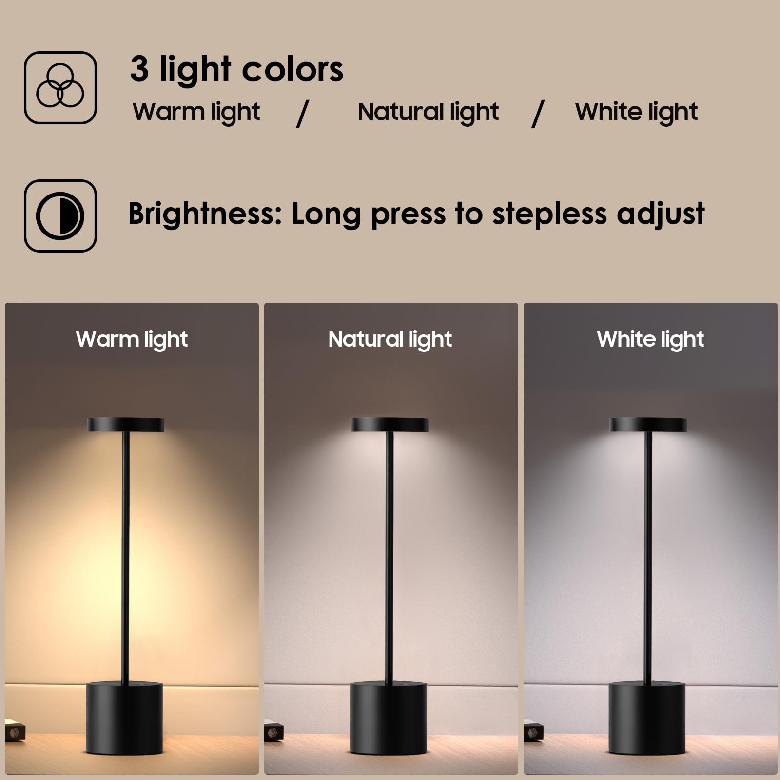 JALVDE Cordless LED Desk Lamp, 6000 mAh, 13.5 inches, 3-Level Dimmable Brightness, Black, Pack of 2, Model JL-S