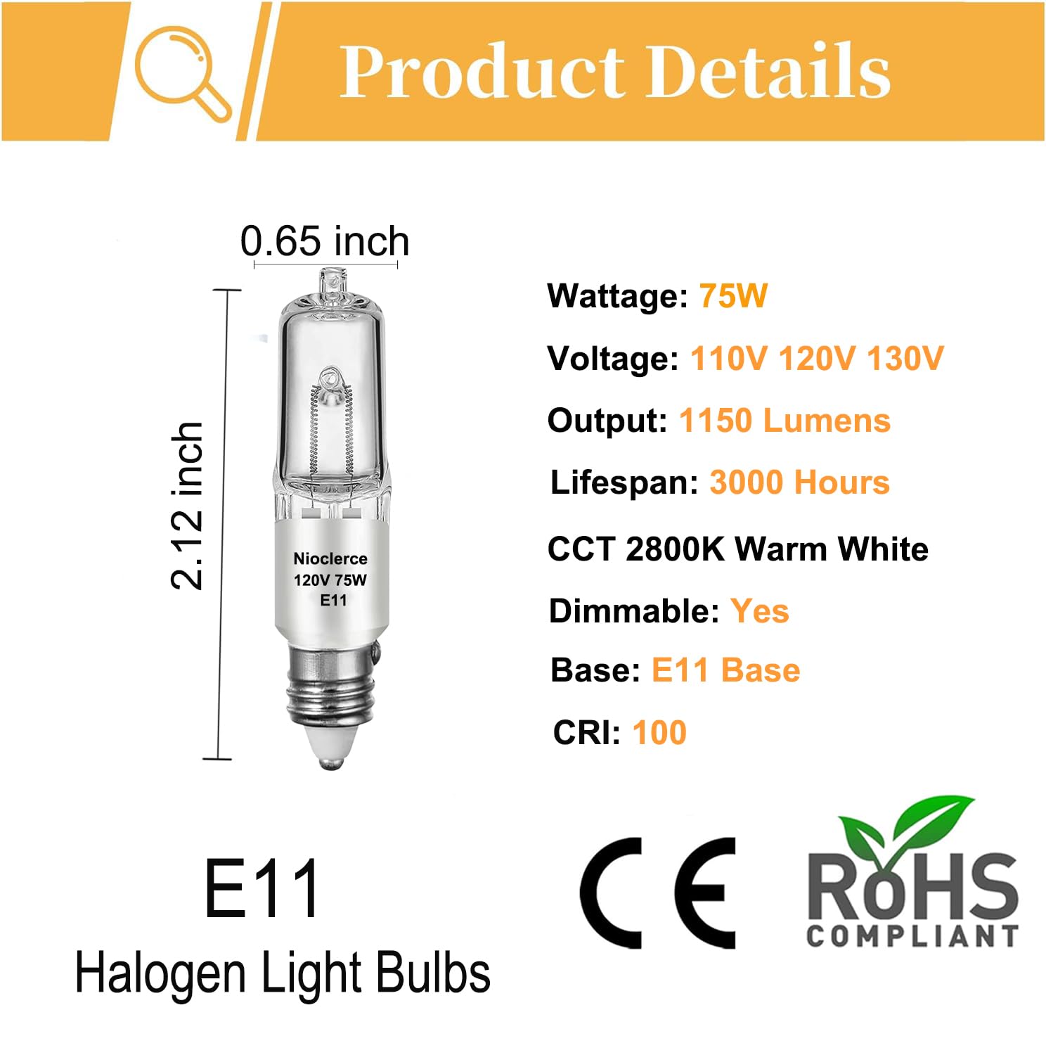 Nioclerce Mr11 Halogen Bulb 75W 120V 1150Lm, 4 Pack High Output E11 Dimmable Halogen Candelabra Bulb 2800K Warm White, Long Life