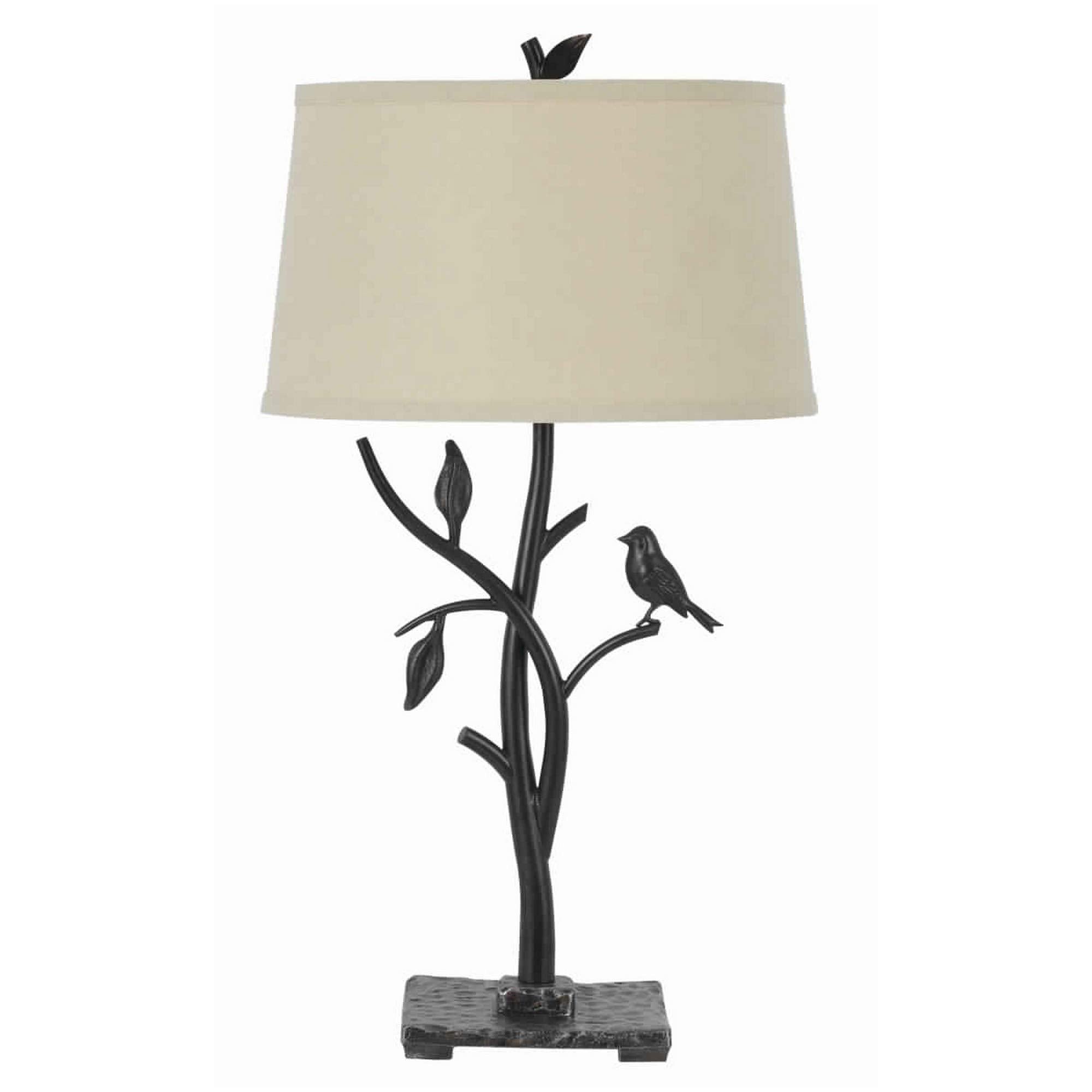 Benjara Metal Tree And Bird Body Table Lamp With Tapered Shade, Black And Beige
