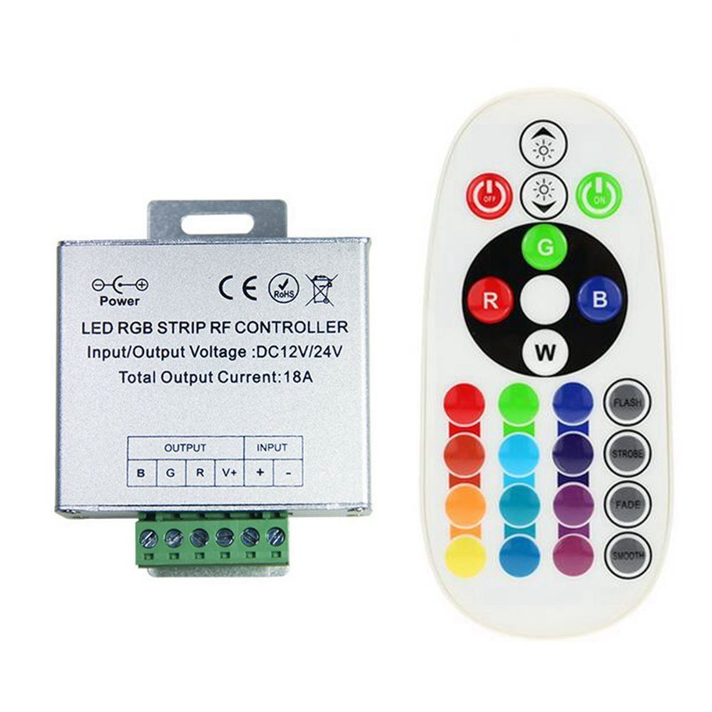 Minbow RGB LED Lights Controller - 18A, 24Key Remote, Compatible with 3528/5050 Strips, DC 12V-24V