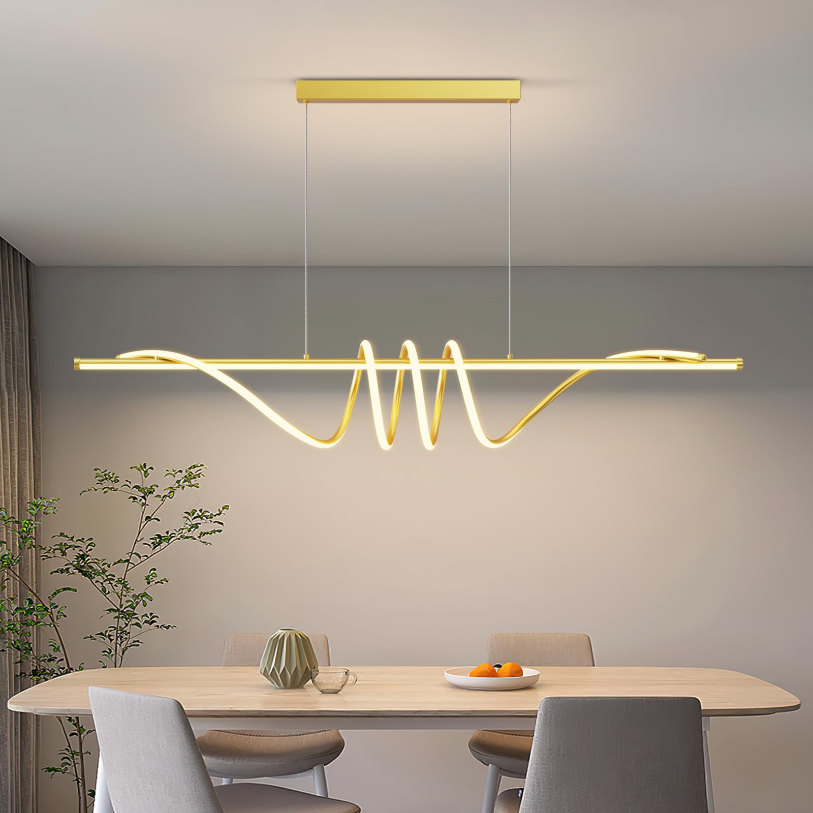 LannlKer Modern LED Pendant Lights, 57in Gold Chandelier Dimmable with Remote Control 3000k-6000K Adjustable Color Temperature, 