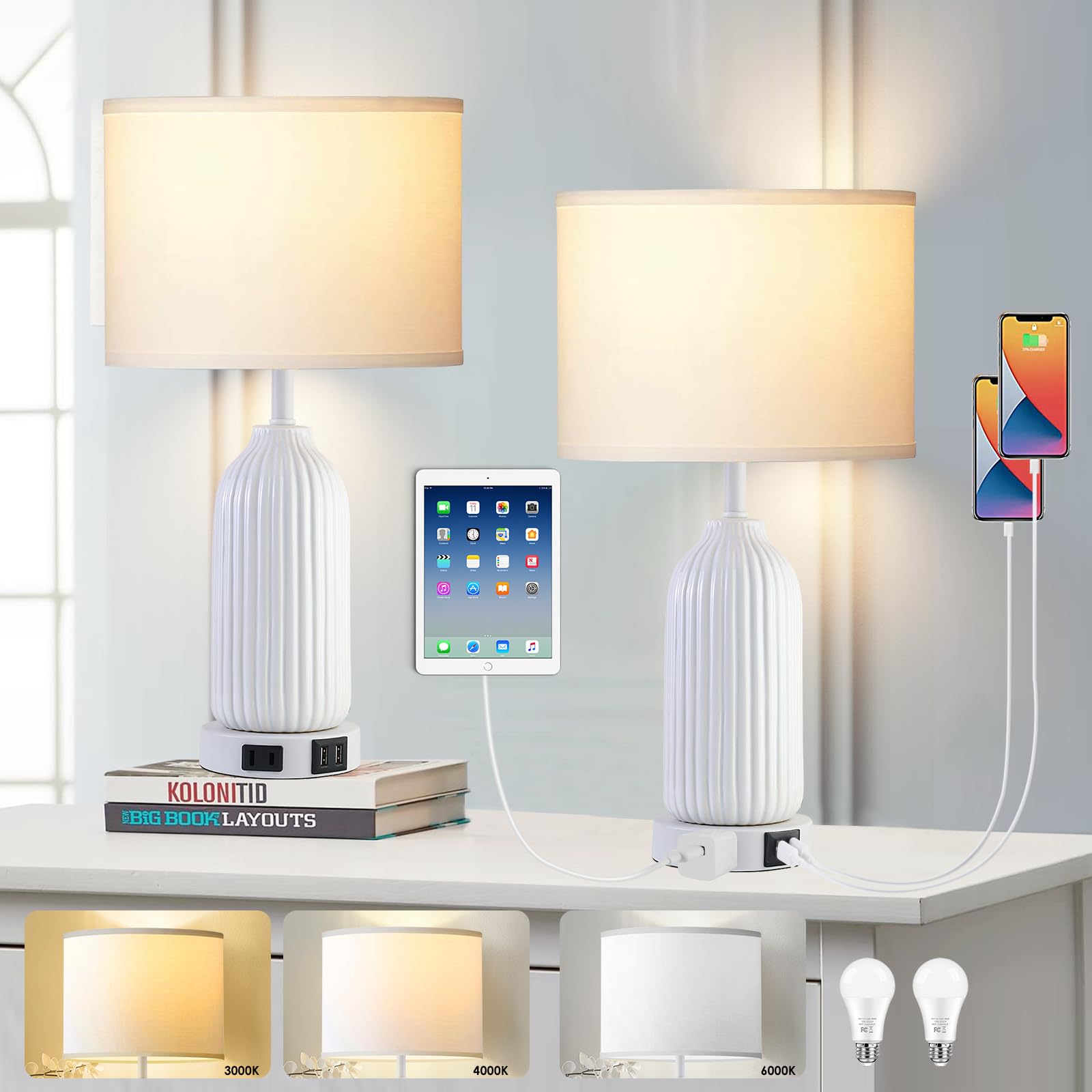 20 Ceramic Table Lamps 3 Color Temperatures Bedside Lamps Set of 2 with USB Ports & AC Outlet, Modern White Lamps for Bedroom Ni