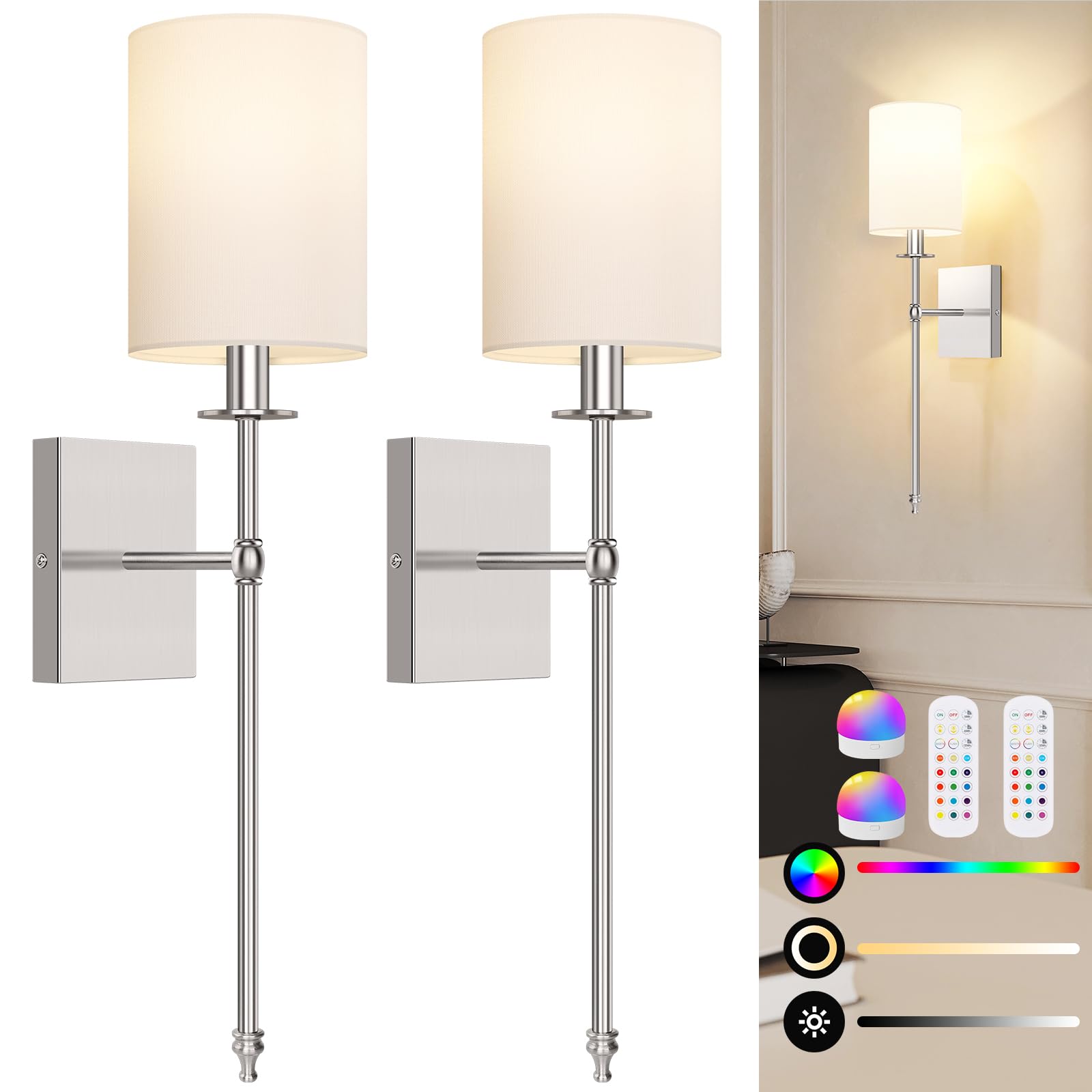 Bosceos Wall Sconces Set of 2, 24.8 Inch Battery Operated, Brushed Nickel, Dimmable Wireless Lights with Remote, Model L2018-1SN