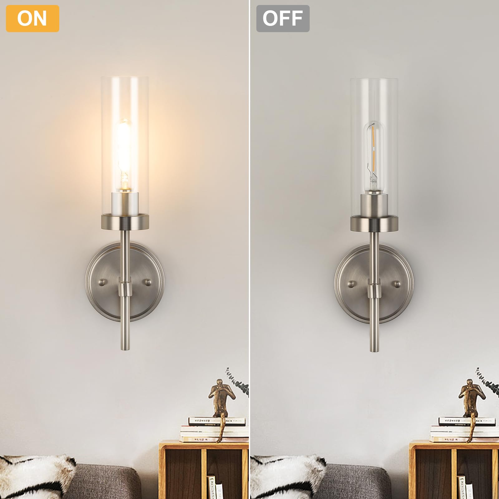 Wilon Bathroom Wall Sconces Set Of 2, Brushed Nickel Vanity Lights For Bathroom, Indoor Wall Light Fixtures With Clear Glass Sha