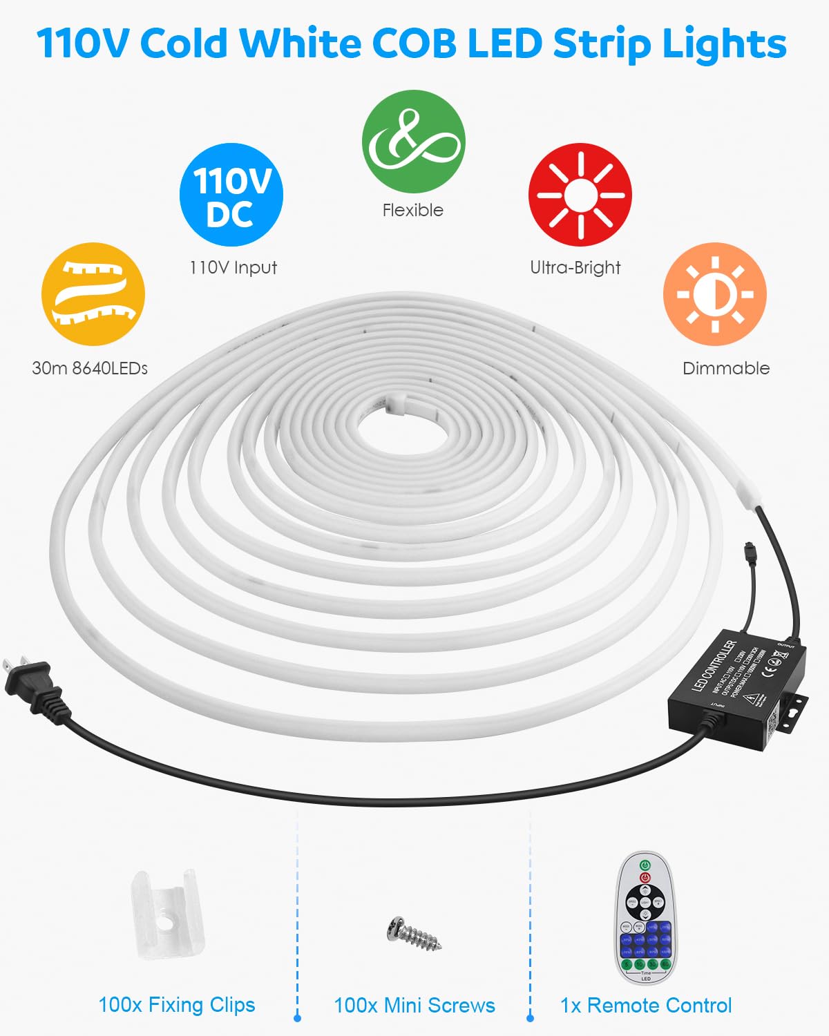 Aclorol Cob Led Strip Lights Outdoor Waterproof 100Ft 1 Roll Ac 120V Led Rope Light Dimmable Cob Flexible Light High Density Uni