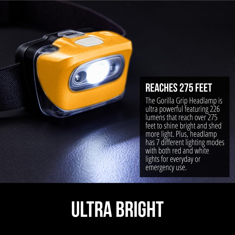 Gorilla Grip Ultra Bright High Lumens Led Head Lamp, 7 Light Modes Water Resistant Ipx4 Headlamp, Adjustable Headband, Battery P