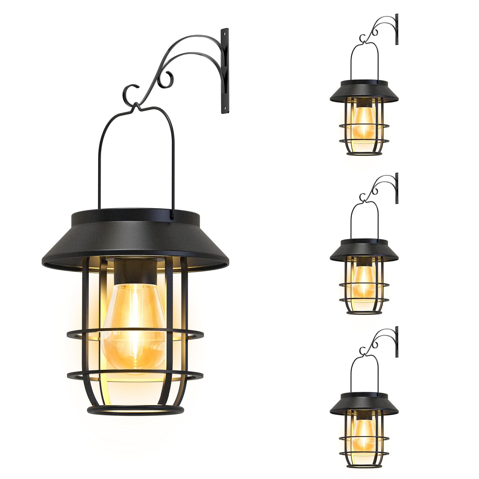 Solar Lanterns Outdoor Waterproof  High Brightness Hanging Solar Lights for Outside with Wall Hooks  Halloween Decor Retro Metal Outdoor Lanterns Auto On/Off for Patio  Yard Decor  Black 4Pack
