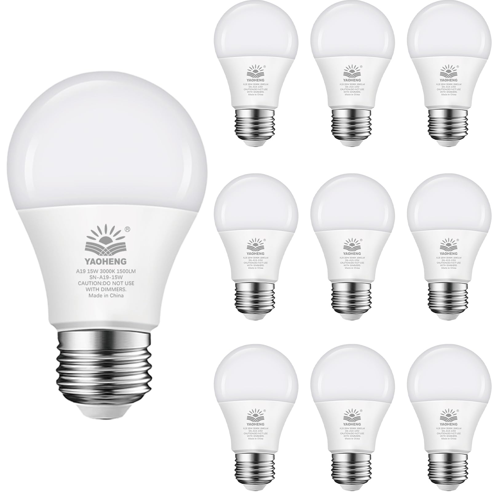 YAOHENG A19 LED Light Bulb, 15W, 3000K Warm White, 1500 Lumens, E26 Base, Non-Dimmable, 10 Count Pack
