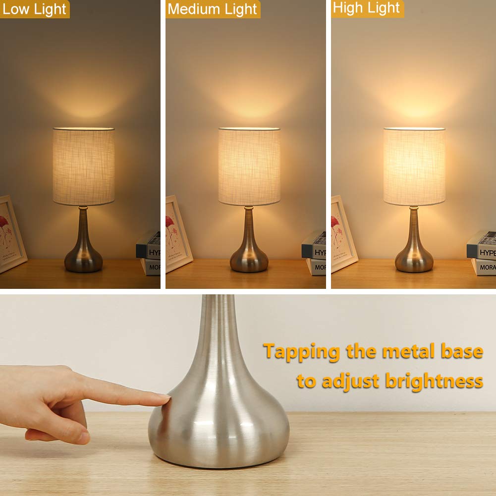 Boncoo Touch Control Table Lamp, 3-Way Dimmable, Small 1 Pack, Silver Metal Base, White Lampshade, Model TC-Touch, A19 9W Bul