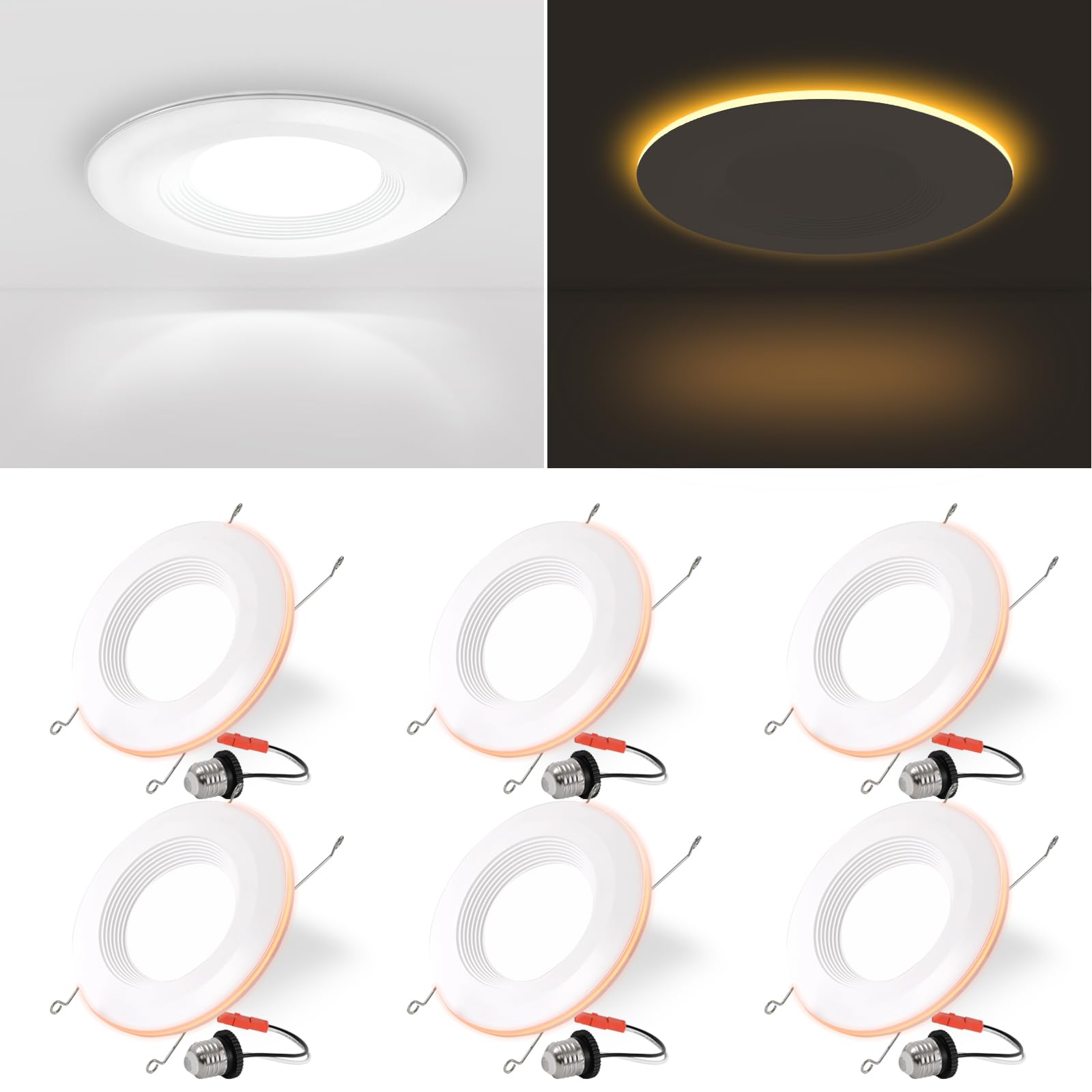 6 Pack 6 Inch LED Recessed Lighting with Night Light, Dimmable Can Lights with Baffle Trim, 9W=85W, 4000K Cool White, 700LM Retr