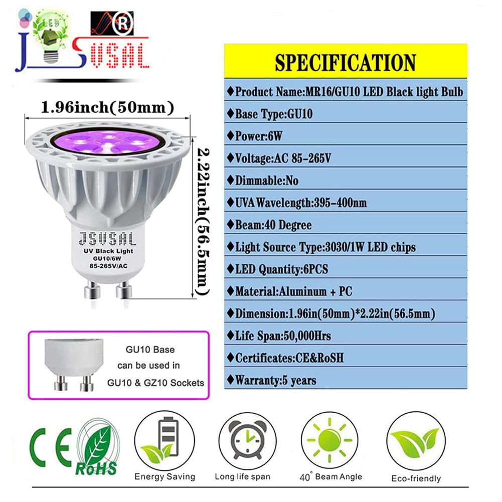 JSVSAL LED Blacklight Bulbs, MR16 GU10 Base, 6W, 395-400nm, Glow in The Dark, Not Dimmable, 4-Pack for Parties &