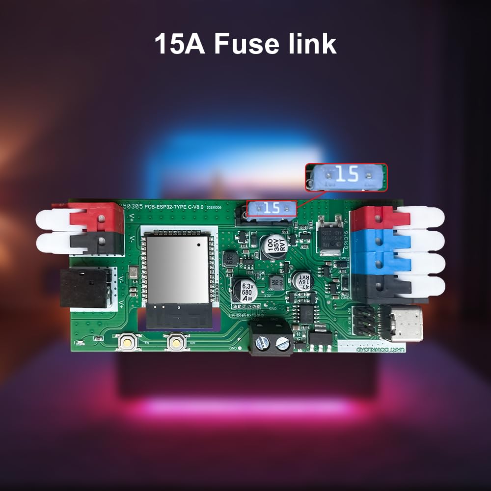 Esp32 Wled Led Strip Light Controller 15A Fuse Music Mic Diy Dynamic Lighting Uart Usb-C Download Energy Save Relay App Control Rgb Ic Addressable Digital Ws2811 Ws2812 Sk6812 Tm1814 Ws2813 Ws2815 Etc