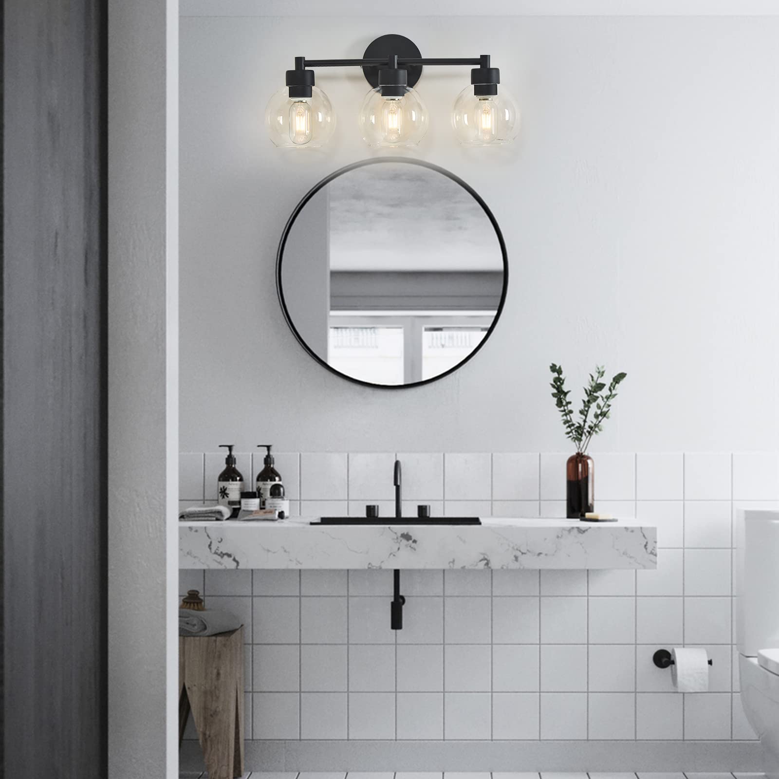 yenlacy Bathroom Light Fixtures, Matte Black Vanity Light 3 Light, Globe Glass Shade, Metal Base, Model HSL-B85-045-03-BK