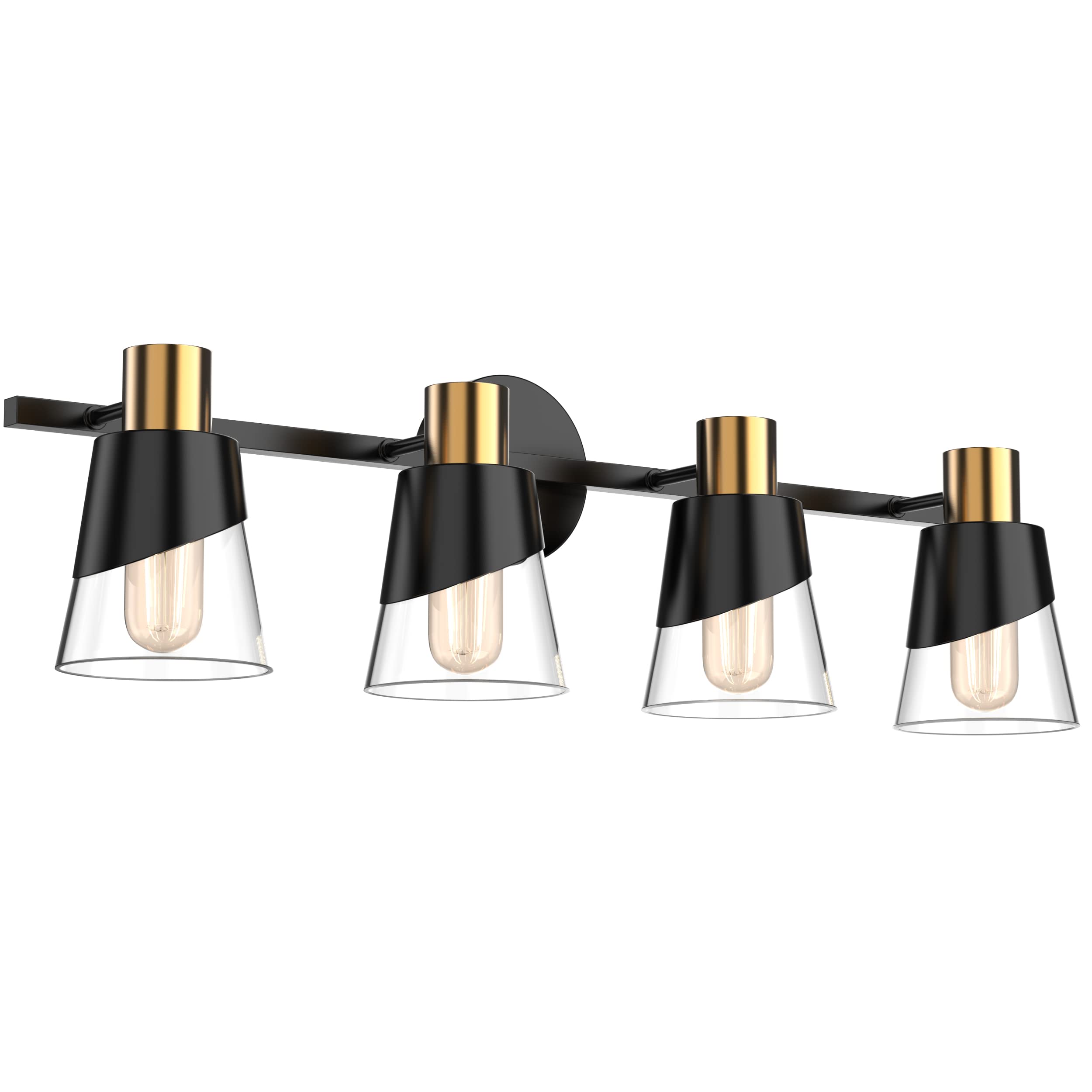 Ursola Bathroom Light Fixtures, 4 Lights Bathroom Lighting Fixtures Over Mirror, 28.34 Inch Black And Gold Design With Bevelled Edge And Clear Glass Shade Wall Lamp