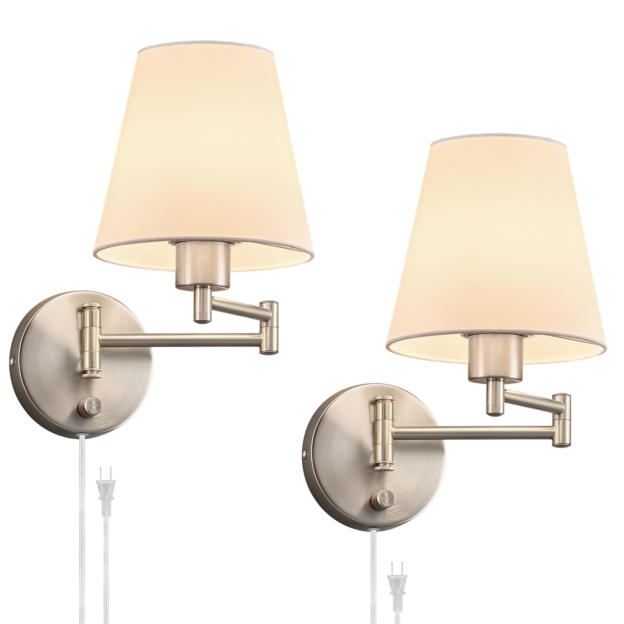 VONLUCE Wall Sconce Set of 2, Adjustable Swing Arm Lamps, Nickel Base, White Fabric Shade, Hardwired/Plug-in, Modern Design