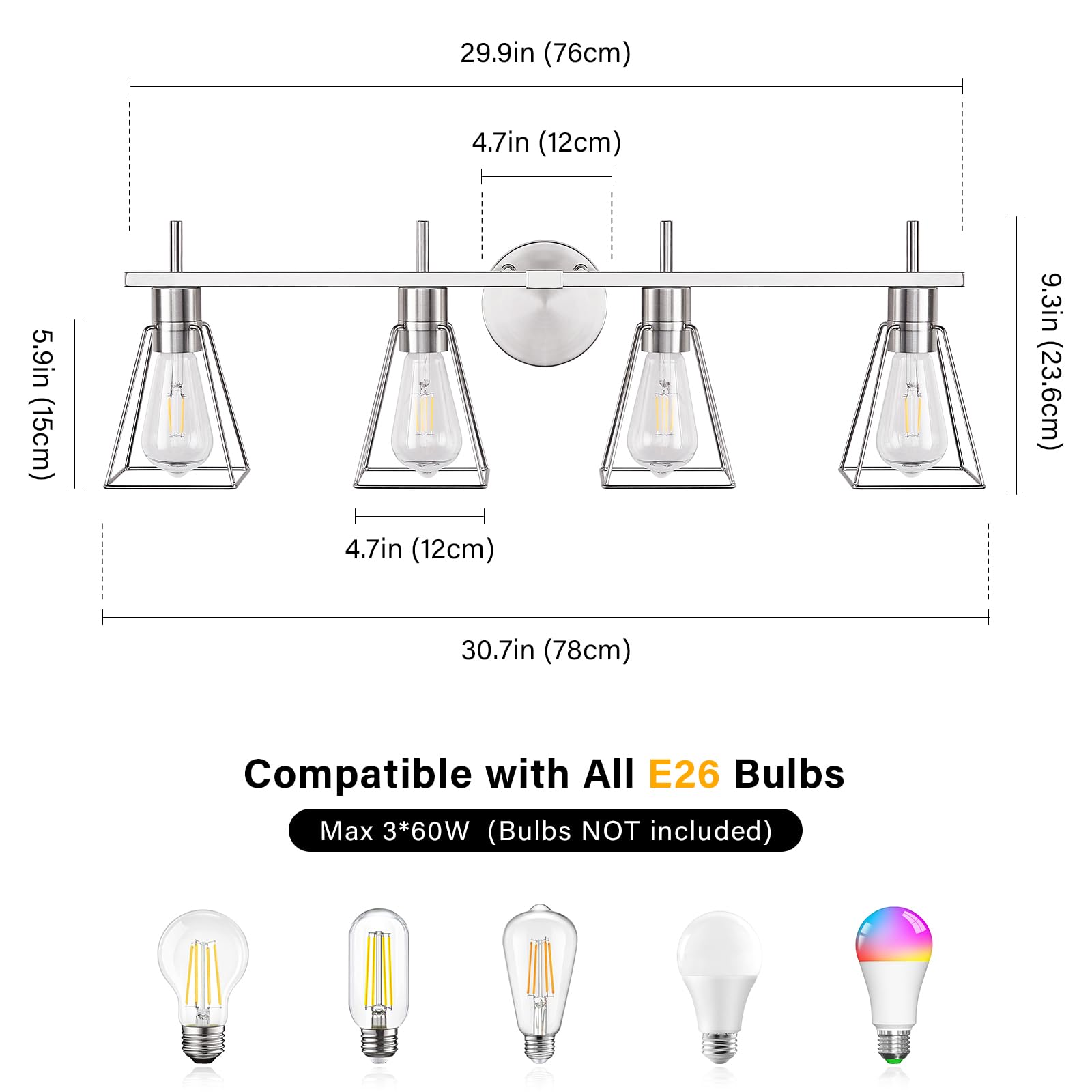 Fonmyim Farmhouse Bathroom Vanity Light Fixtures Over Mirror, Brushed Nickel 4-Light Wall Sconce With Metal Cage, E26 Socket (Bu