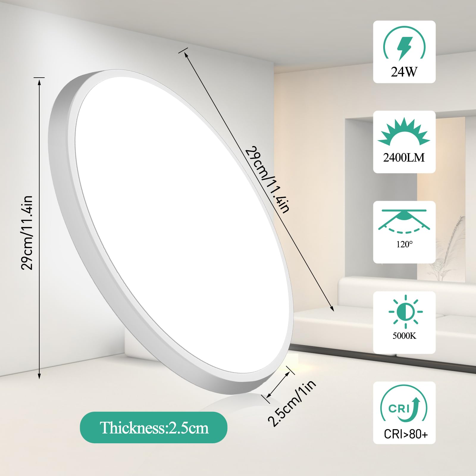 DODOPEN 12 inch LED Flush Mount Ceiling Light 2400lm 5000K Round Flat Fixture for Bedroom Closet Laundry Bathroom White
