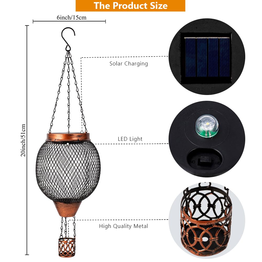 Starsoul 2 Pc Cage Hot Air Balloon Solar Lantern With Flame Glass Outdoor Hanging Hot Air Balloon Solar Light Lamp Waterproof Ga
