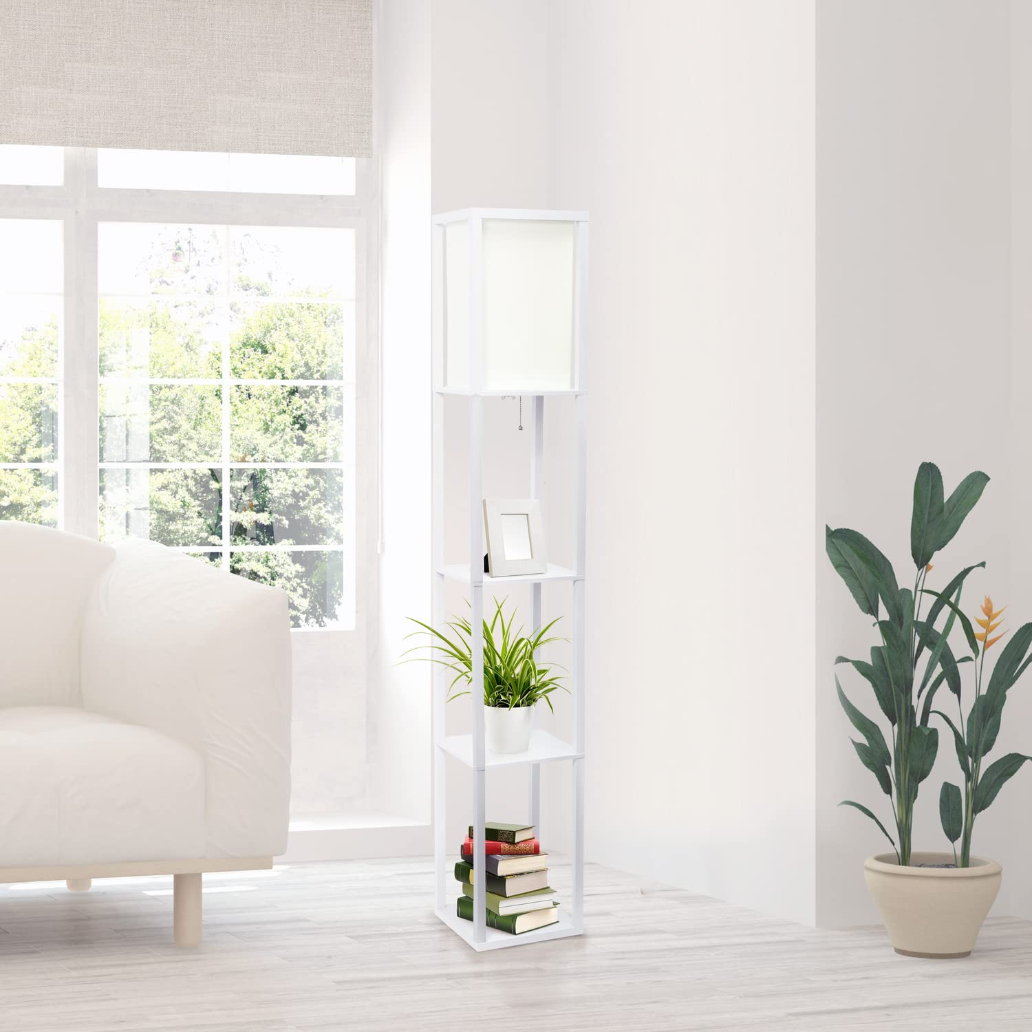 Lalia Home White Column Shelf Floor Lamp With Linen Shade - Elegant Wood Design