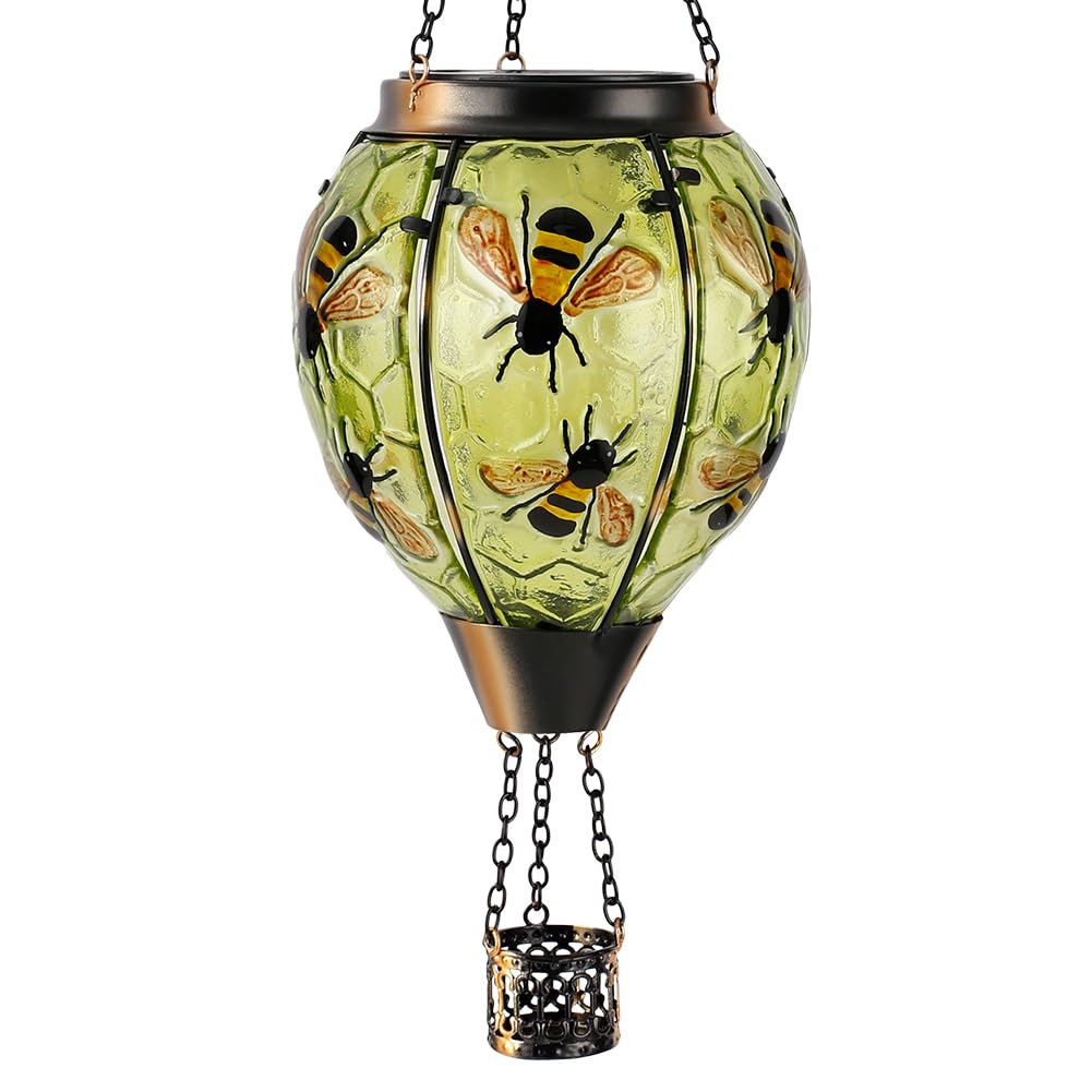 Starsoul Hot Air Balloon Solar Lantern Bee Glass Hanging Outdoor Hot Air Balloon Solar Flickering Flame Light Waterproof Garden 