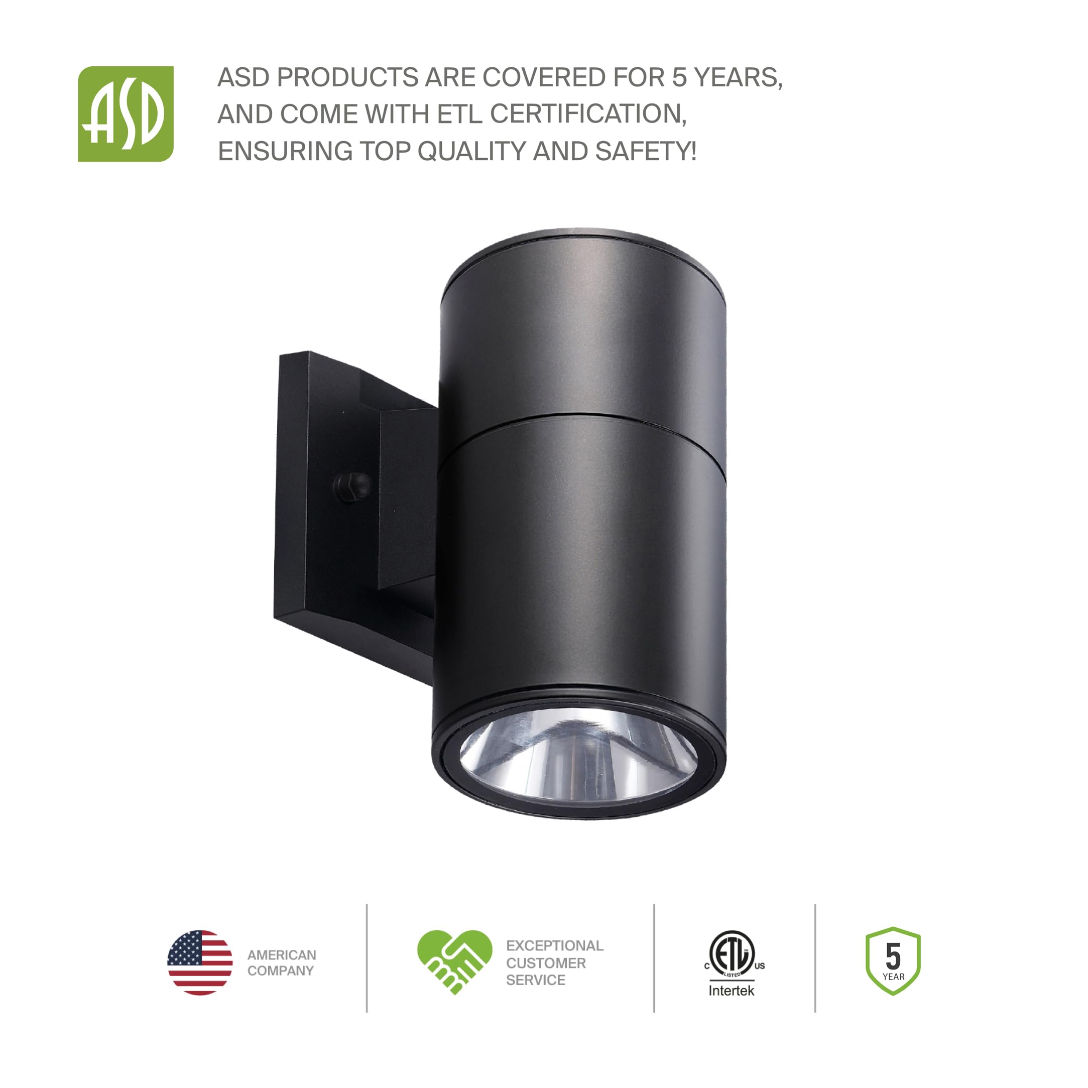 Asd 1-Way Round Cylinder Wall Light Fixture, Photocell, 60W E26, Waterproof, Black, Model A-Oclr-1Apc-Bk