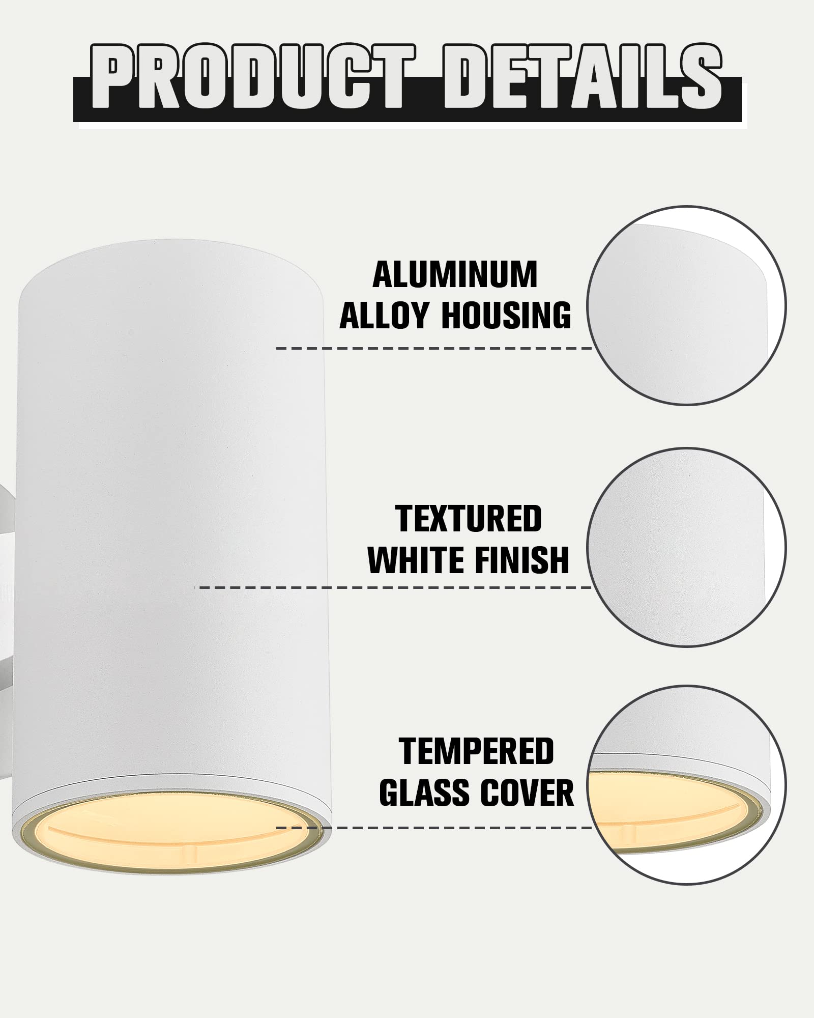 Ken & Ricky Outdoor Wall Light, Aluminum Sconce, Tempered Glass Cover, 1 Pack, White, Model KR3319-W-1PK