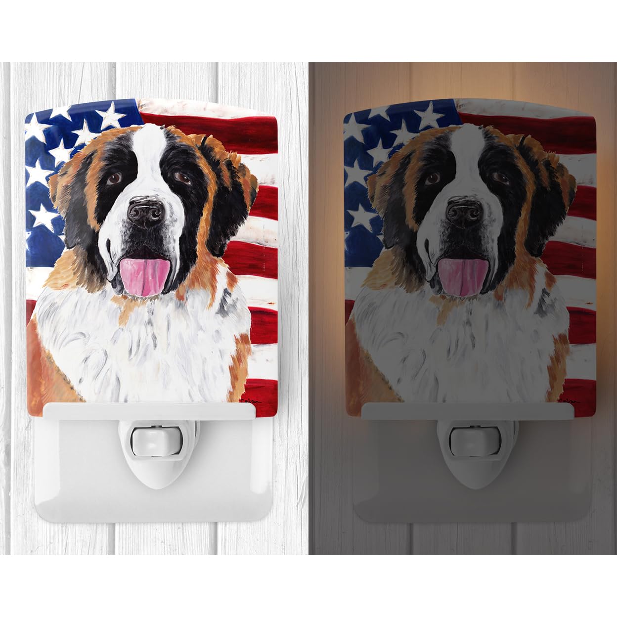 Carolines Treasures Ceramic Night Light, USA Flag, Saint Bernard, 6x4x3in, Model SC9027CNL, UL-Certified for Bedroom, Bathroom, Nursery