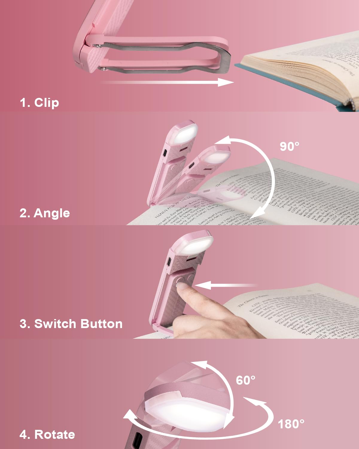 HEMONNKAM Clip-On Reading Light, Rechargeable Book Light, Pink, Model Book Light-005