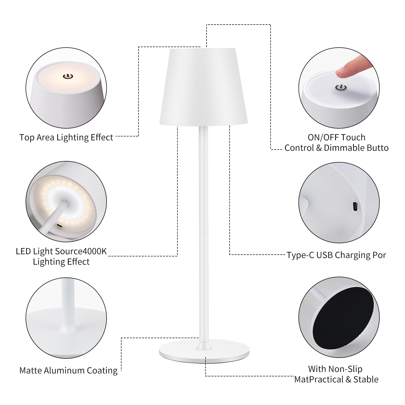 IMQSQIK Cordless Table Lamp, USB Rechargeable, Touch Control, 4600 mAh Battery, Aluminum, White, Model Ue566