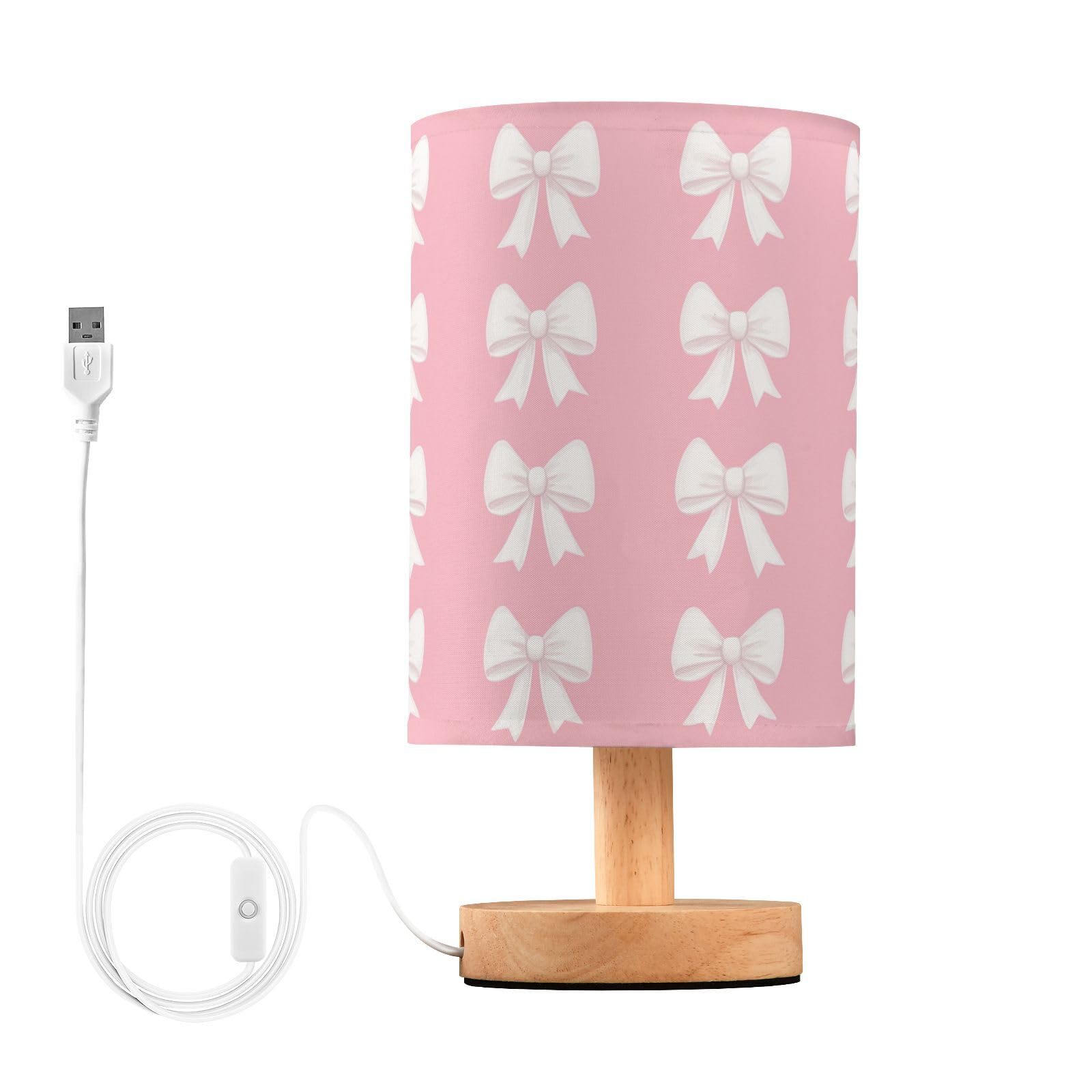 Oarencol Bedside Table Lamp Cute White Bow Pink Nightstand Lamp with Wood Desk Lamps for Bedroom Living Room Nursery Office Home