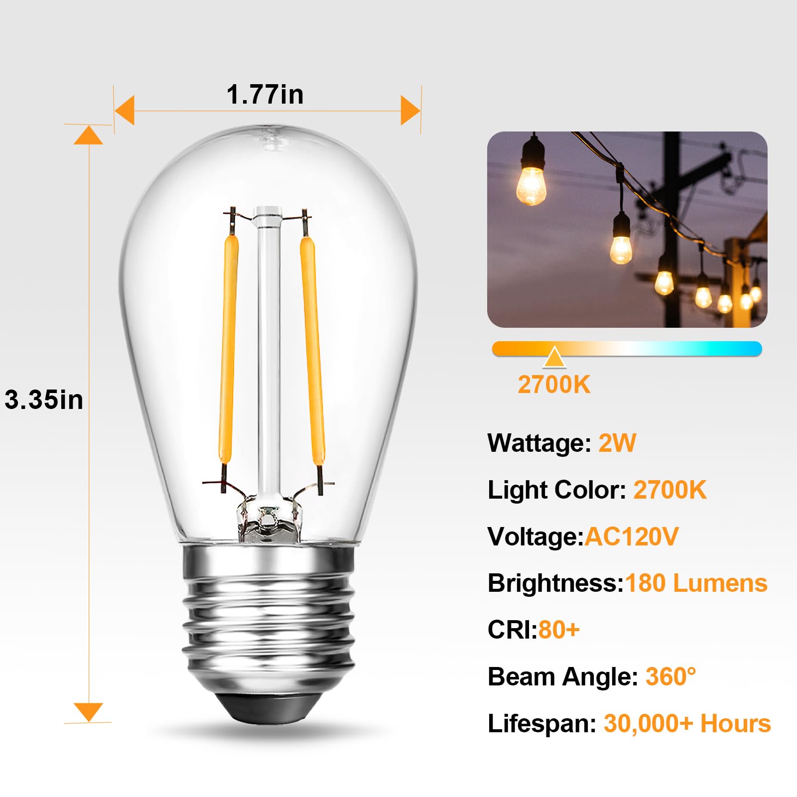 BRIMAX 25 Pack S14 LED Bulbs, 2W Dimmable, Shatterproof Waterproof, E26 Base, 2700K Soft White, Plastic Edison for Outdoor String Lights