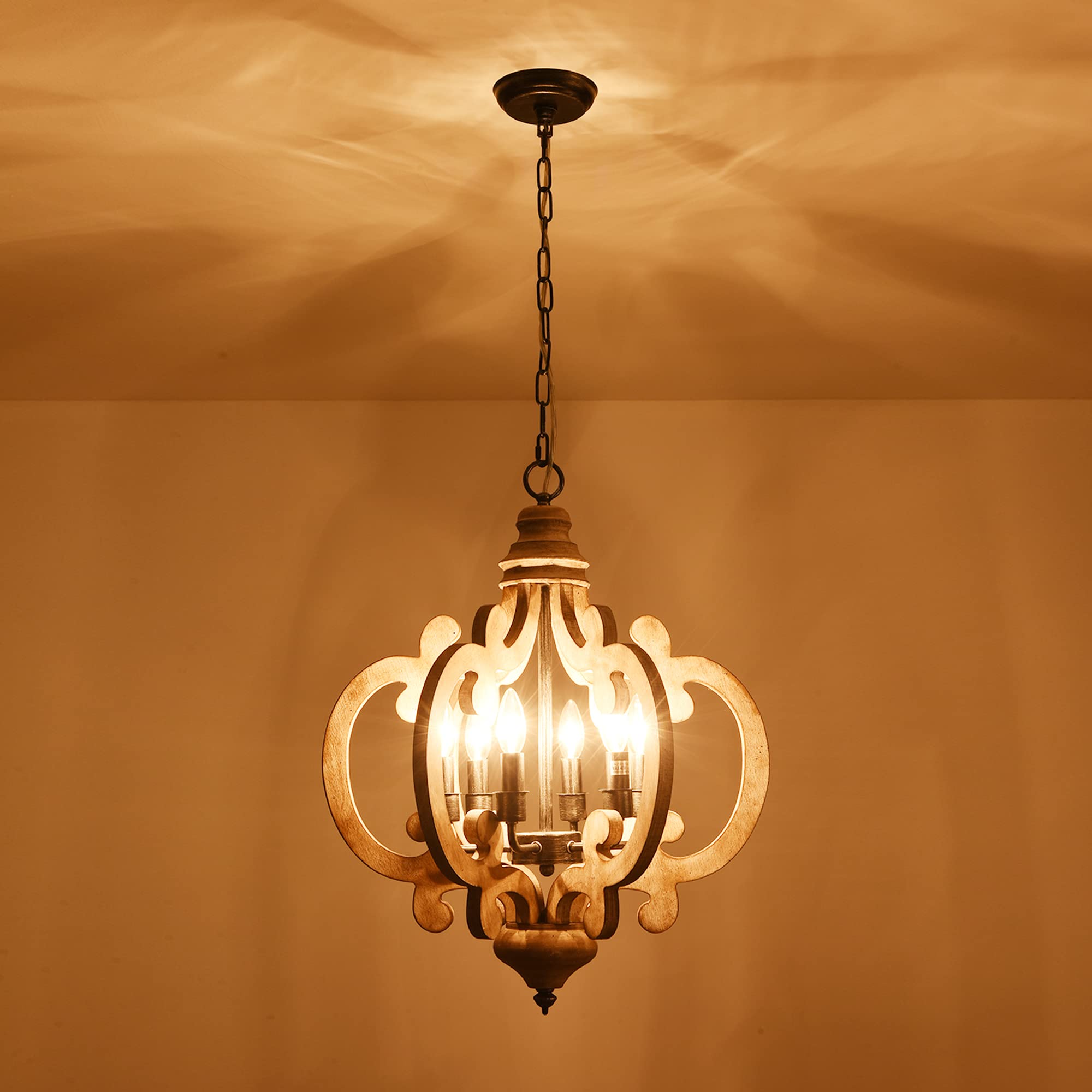 Chords Attic Farmhouse Wood Chandelier, Cottage Chic Crown Pendant Light, Weathered 6-Candle Rustic Light For Kitchen Island, Ha