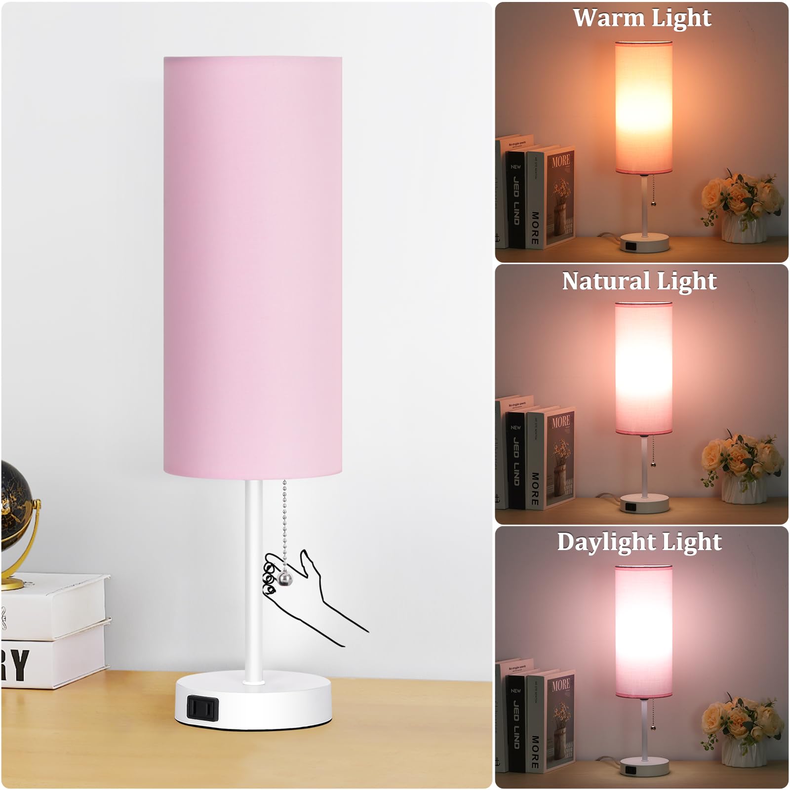 Dott Arts 18in Table Lamp, Pink-White, Plastic, 3-Color, Pull Chain, Model RD-PTL6W-004, Bulb Included for Bedroom or Living Room