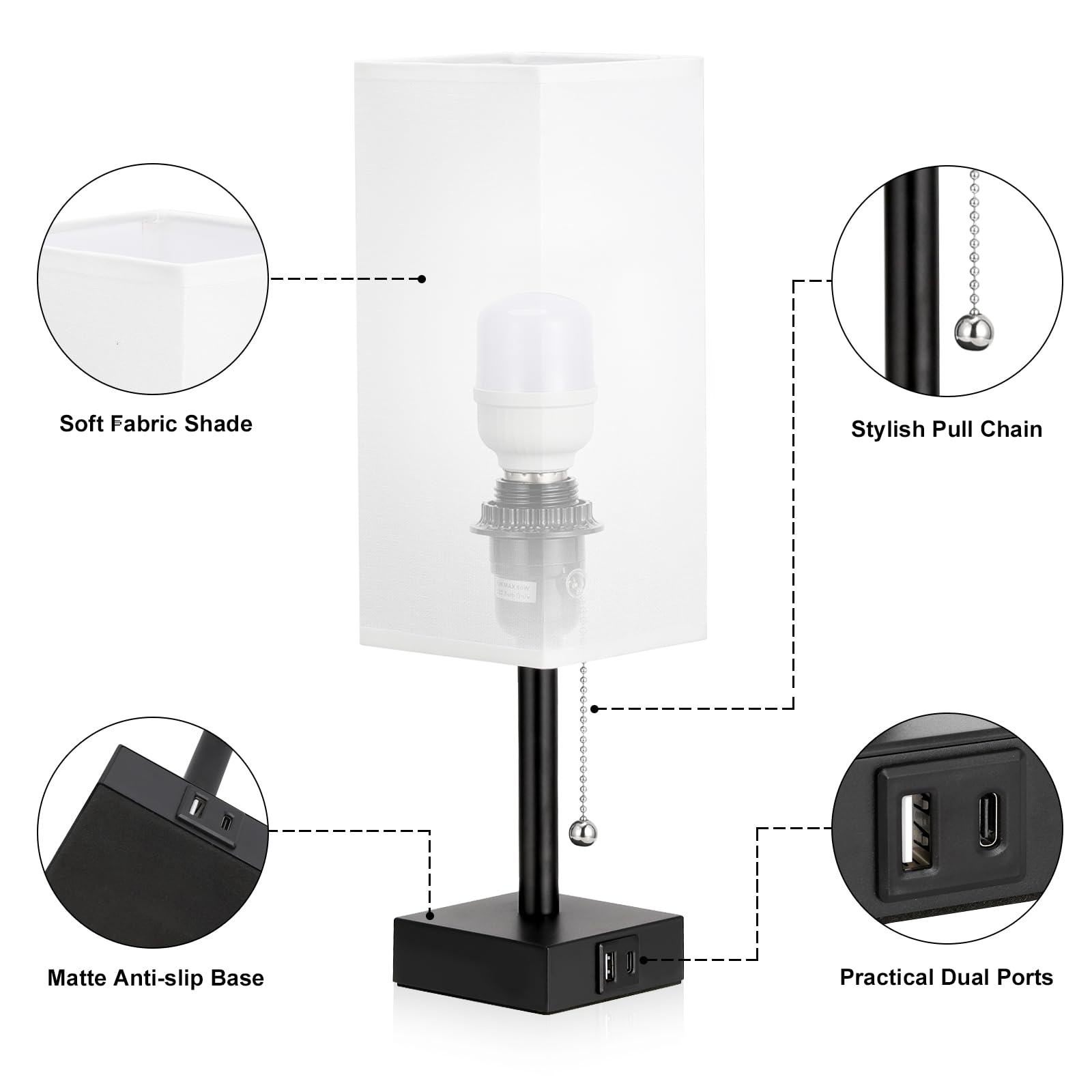 Bedside Lamps Set Of 2 - White, 3 Color Temperatures, Usb Charging, Pull Chain Night Light
