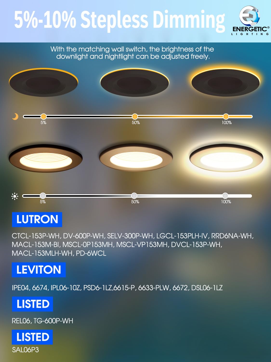 E ENERGETIC LIGHTING 6 Pack 6" LED Recessed Can Lights, Dimmable, 5000K Daylight, 9W=85W, Damp Rated,
