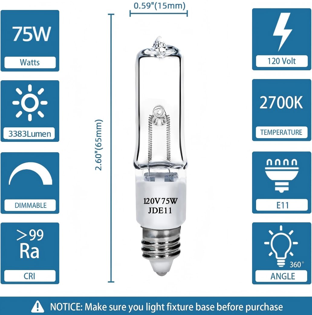 Lachesan Jde11 120V 75W T4 Mini Candelabra Base(Replacement E11 Led Bulb) 2700K Clear Dimmable Jd E11 Halogen Light Bulbs For Chandeliers  Ceiling Fan  Table Lamps  Cabinet Lighting  4 Pack