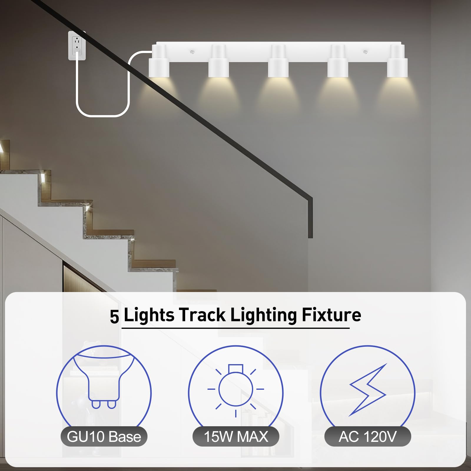 Track Lighting Plug In, 30'' Led Track Light Fixtures Ceiling, White 5 Way Spotlight, Rotatable Track Head, Plug Track Lights Wi