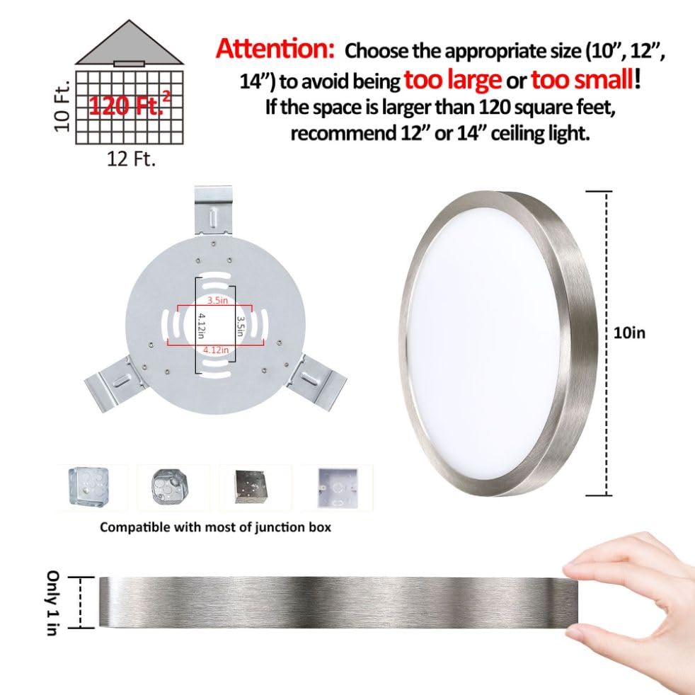 10 Inch Led Flush Mount Ceiling Light Fixture, Super Slim Flush Mount Light For Kitchen, Metal And Glass Led Ceiling Light For Low Ceiling, Hallway, Bathroom, Laundry, Brushed Nickel, 17W, 3000K