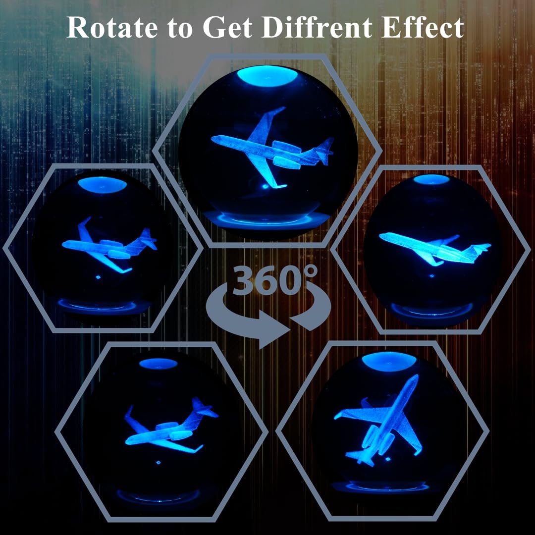 Planes Night Light, Aviation Gifts, 3D Crystal Ball 3.15 Inch (80Mm) Airplane Night Light With Remote, Pilot Lamps With 16 Color
