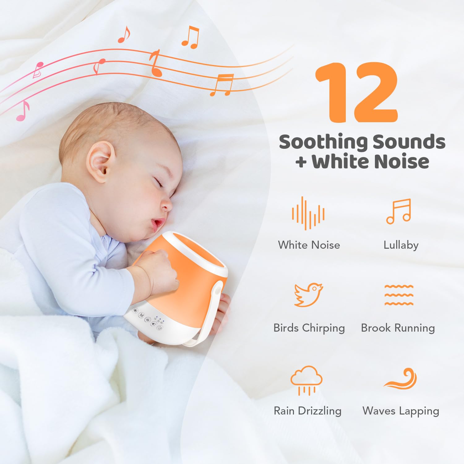One Fire Baby Night Light 3-IN-1, 15 Colors, 12 White Noises, Portable Sound Machine, USB Rechargeable, Model Nocturna, ABS Material